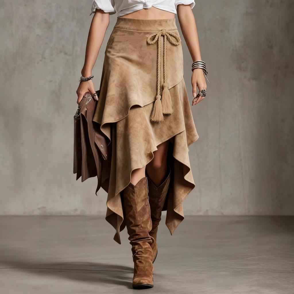 Women's Vintage Western Irregular Rope Tie Fringe Suede Midi Skirt Crossborder for Europe America