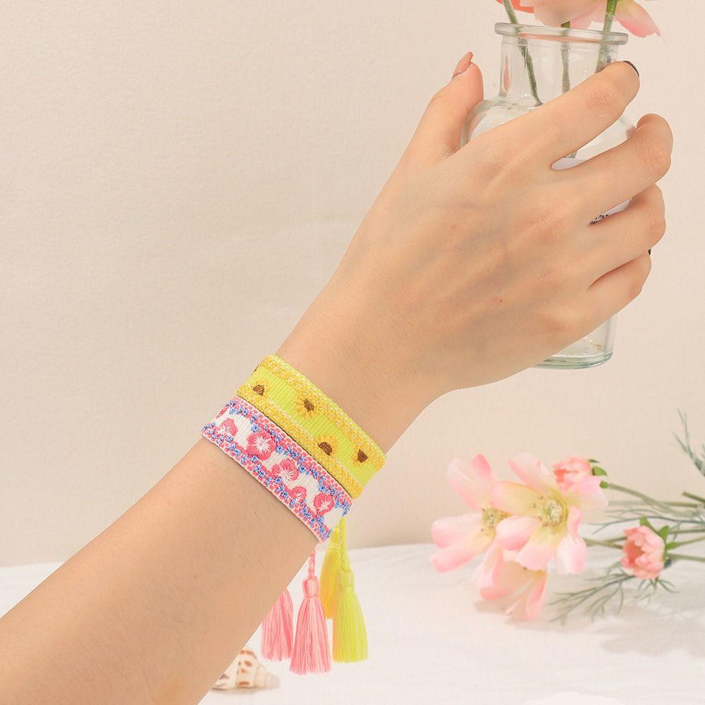 Embroidered Colorful Flower Bracelets Adjustable Rope Boho Weave Bracelet  Women Girls