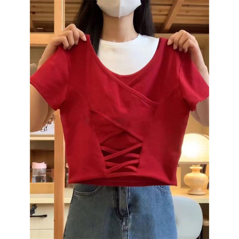 Women Slim Crop T-Shirt, Solid Red Wrap V Neck Short Sleeve Back Crisscross Lace Hollow Out Cutout Casual Summer Fitted Top S красный