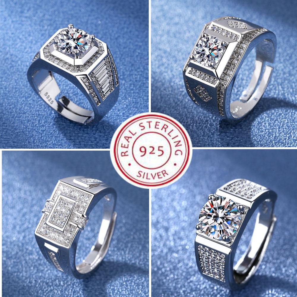 925 Sterling Silver Rings for Men Shining Crystal Adjustable Size Fashion Gifts Engagement Wedding High Quality Jewelry