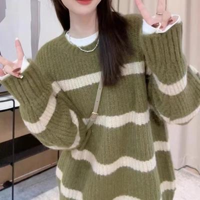 Lazy Wind Crew Neck Striped Women's Sweater Autumn and Winter New Loose and Thin Casual Pullover Knitted Sweater Top