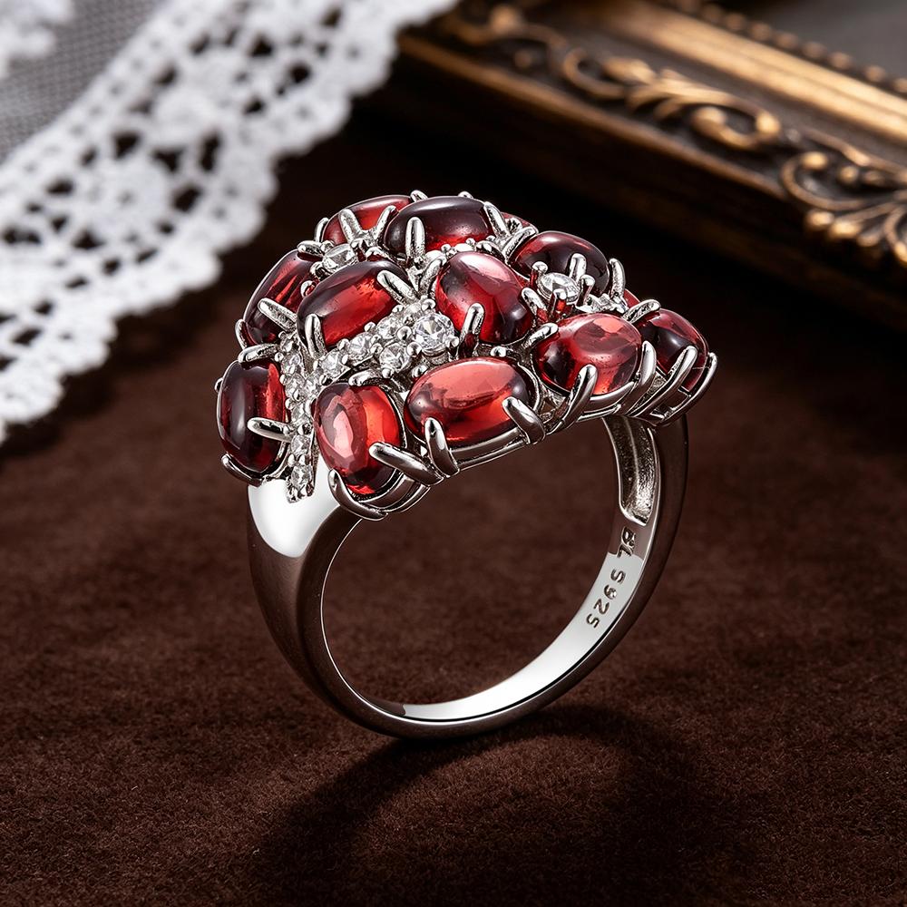 925 Sterling Silver Women's Big Ring with Natural Garnet Gemstones Fine Jewelry for Anniversary Banquet Wear