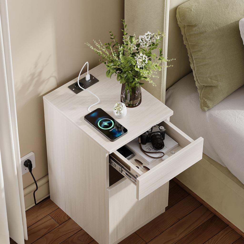 Nightstand, Bedside Table with Charging Function, Bedroom Cabinet with USB & Socket, 33x40x61.5cm, Light Wood Look, Including Trash Can