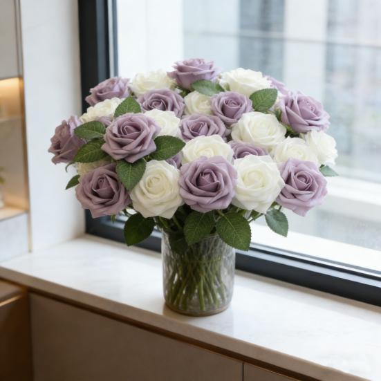 25 Pcs Artificial Rose Flower with Long Stem Real Touch Faux Silk Rose Bouquet for Wedding Party Table Centerpieces Festival Decoration