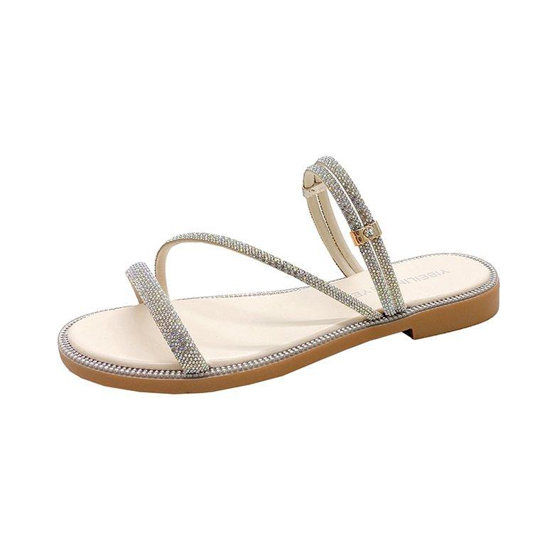 

Summer Women s Sandals Flats Shiny Rhinestone Slippers Fashionable Women s Beach Slippers Slip-on Casual Shoes Slides Size 35-41 35 бежевий