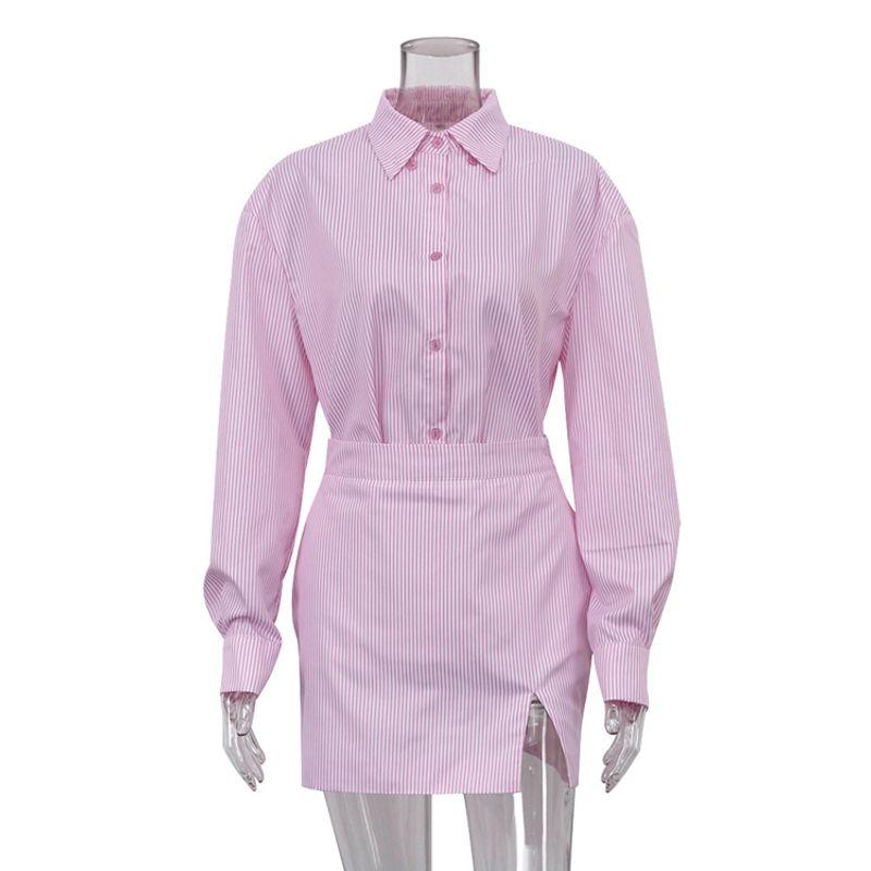 

Модный стиль Лацканы Длинные рукава Полоска Рубашка Платье-футляр Костюм Рубашка в полоску Костюм с юбкой Pink S