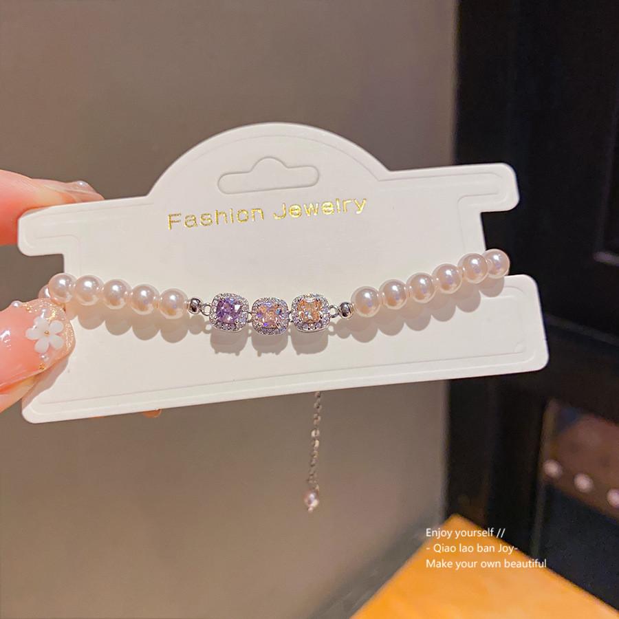 French Vintage Zircon Pearl Square Bracelet For Elegant Women Gift Event