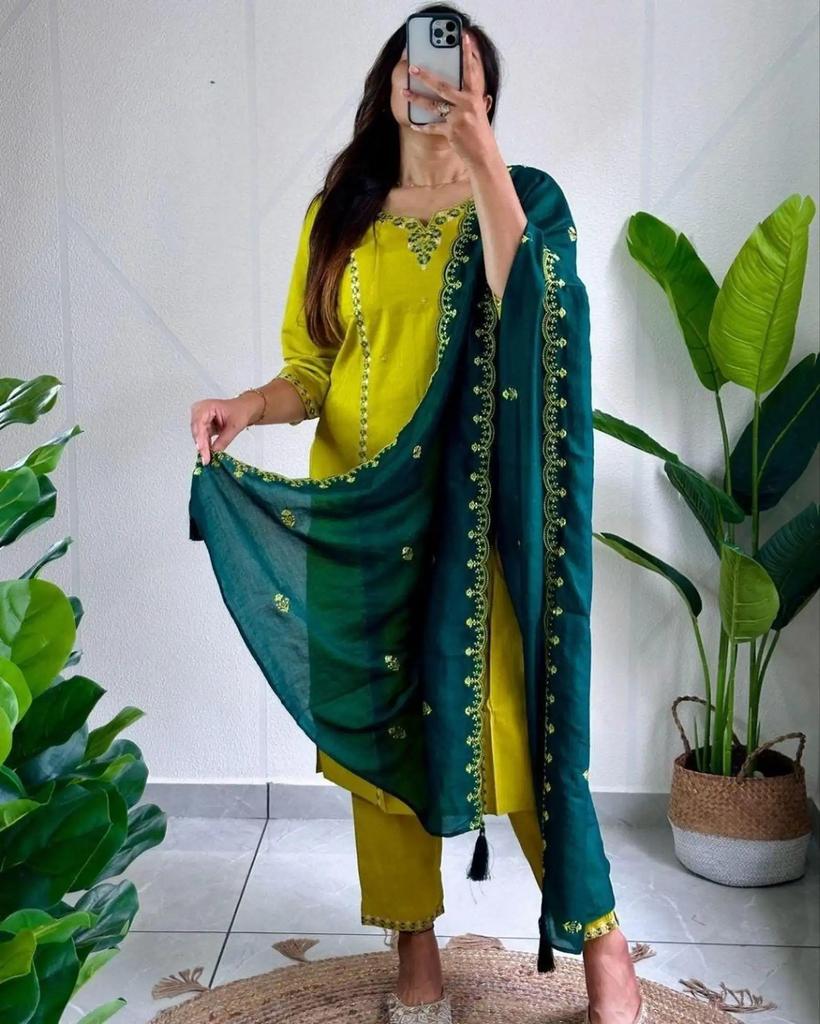 Women Bollywood Pure Silk Kurta Pant Dupatta Set Party Wear Top Tunic