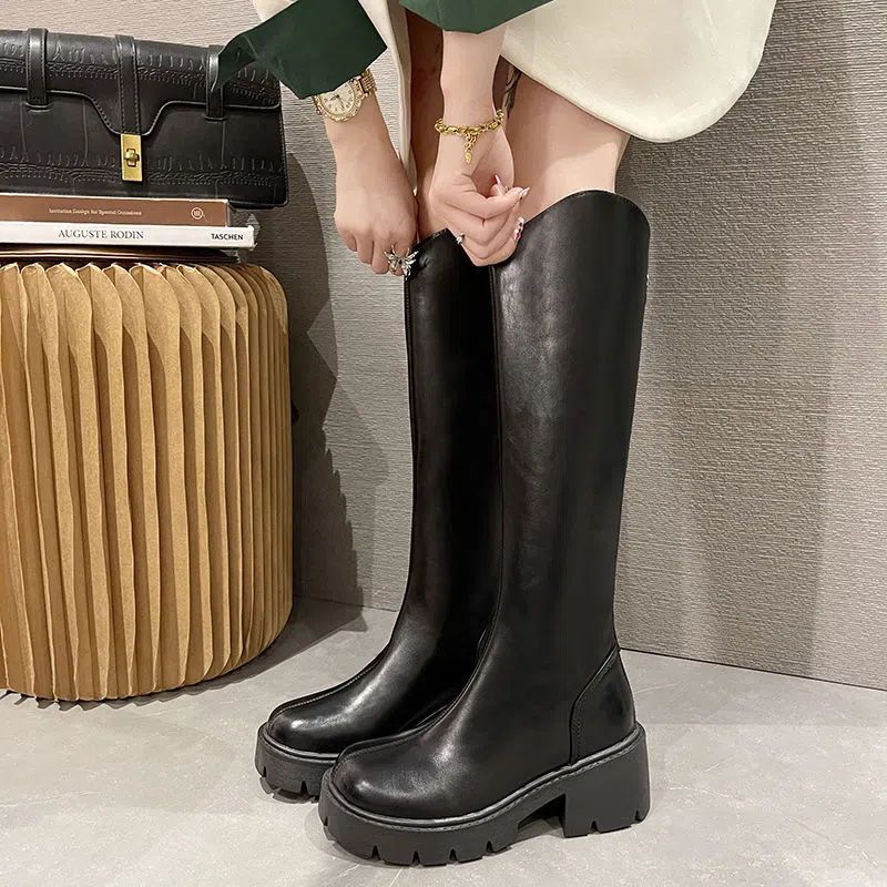 V-mouth knight boots women's thin soft leather muffin thick-soled cigarette boots small people are tall but knee boots high boots