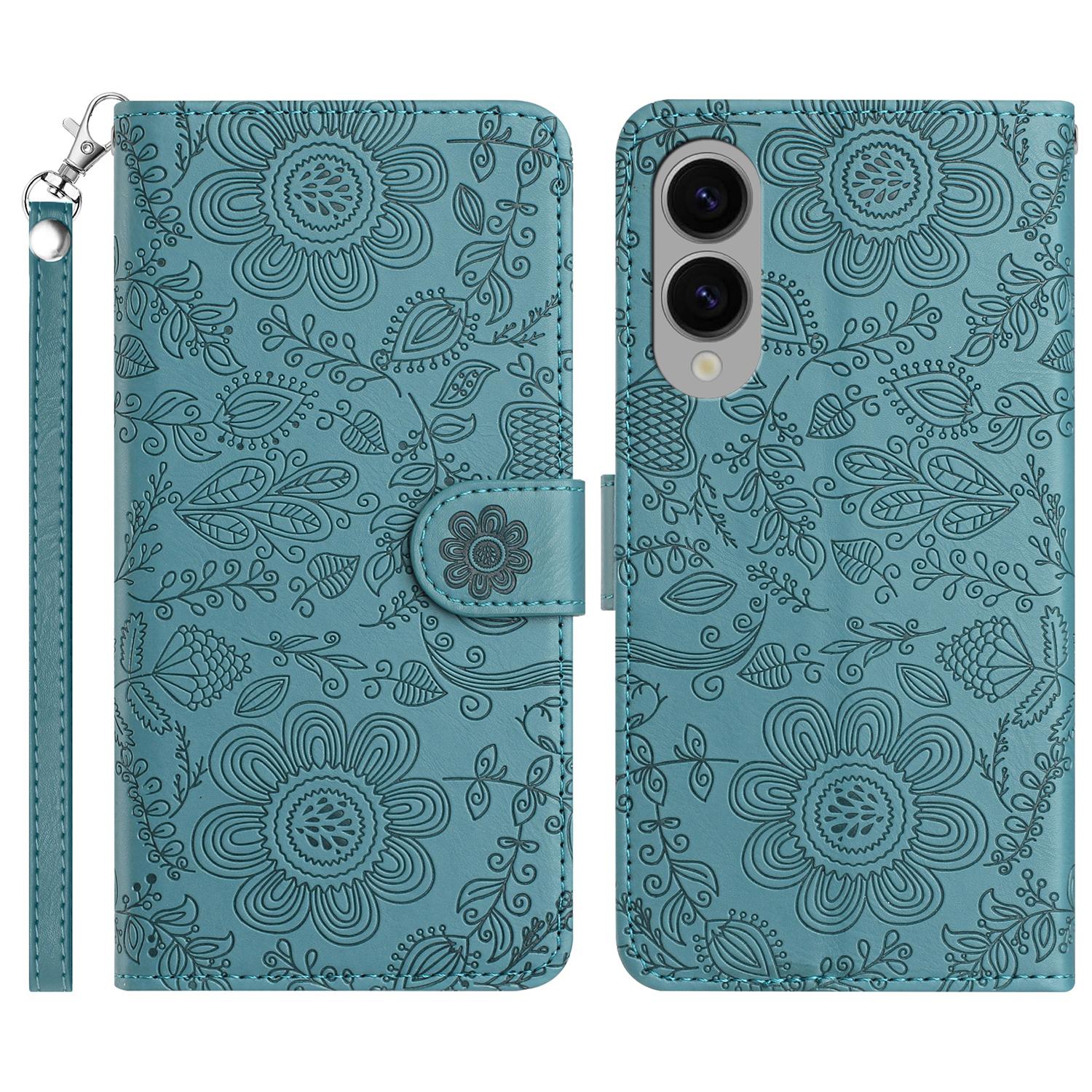 

Чохол-книжка зі шкіри з квітковим тисненням для Samsung Galaxy S25 Edge з ремінцем на зап ястя Blackish Green