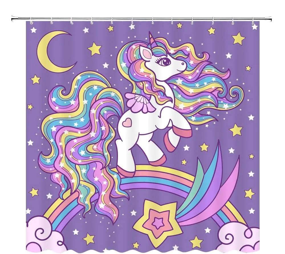 

Unicorn Shower Curtain Rainbow Magic Head Rose Flower Romantic Cute Girl Baby Kid Pink Cartoon Bathroom Curtains Decor Polyester W60H190(CM)-1 Pcs
