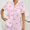 2025 Valentine's Day Striped Bow Milk Silk Short Pajamas Set