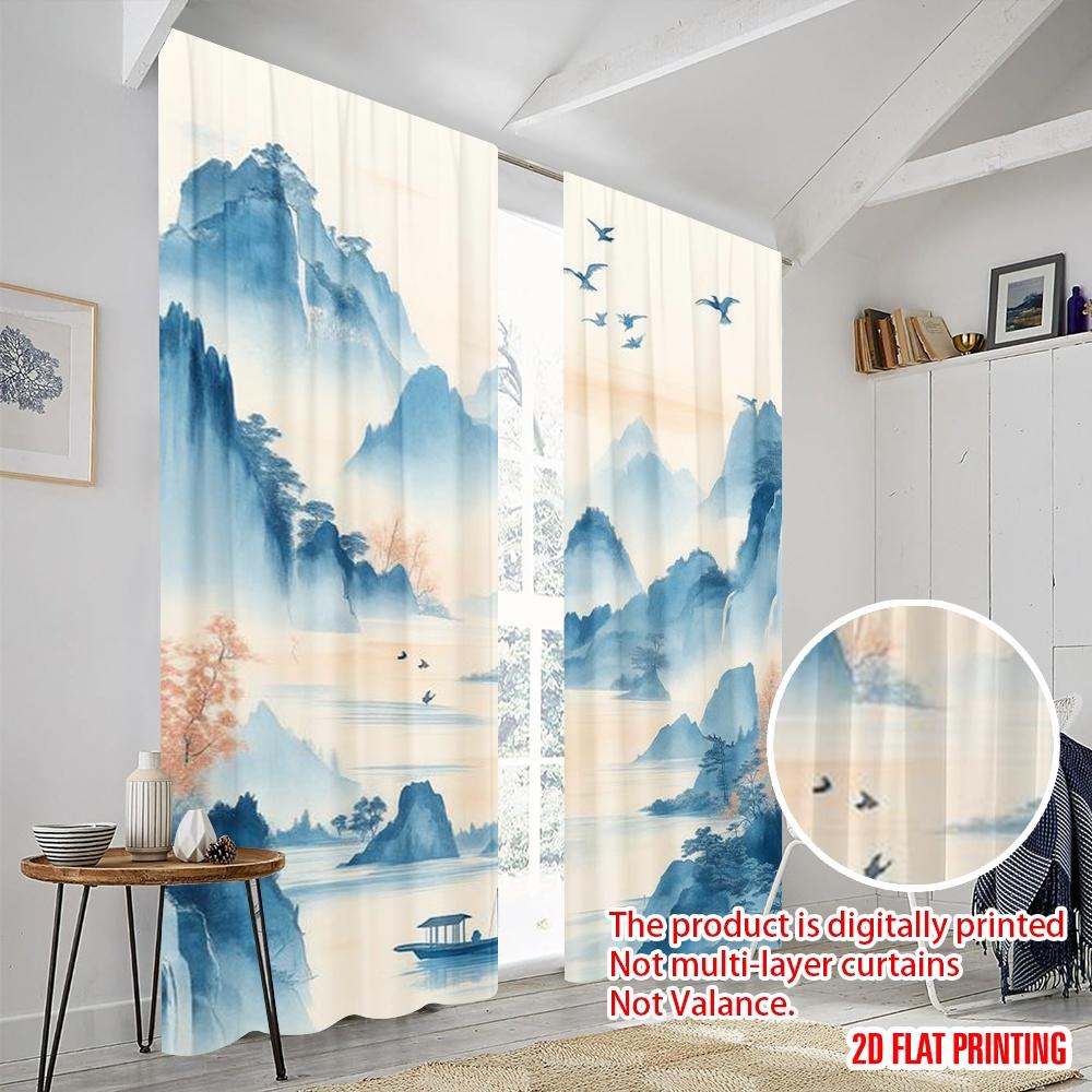 2pcs,2D Plane Printing Light Filtering Curtains Tranquil Landscape 100% Polyester (without Rod) All Seasons for Bedroom &