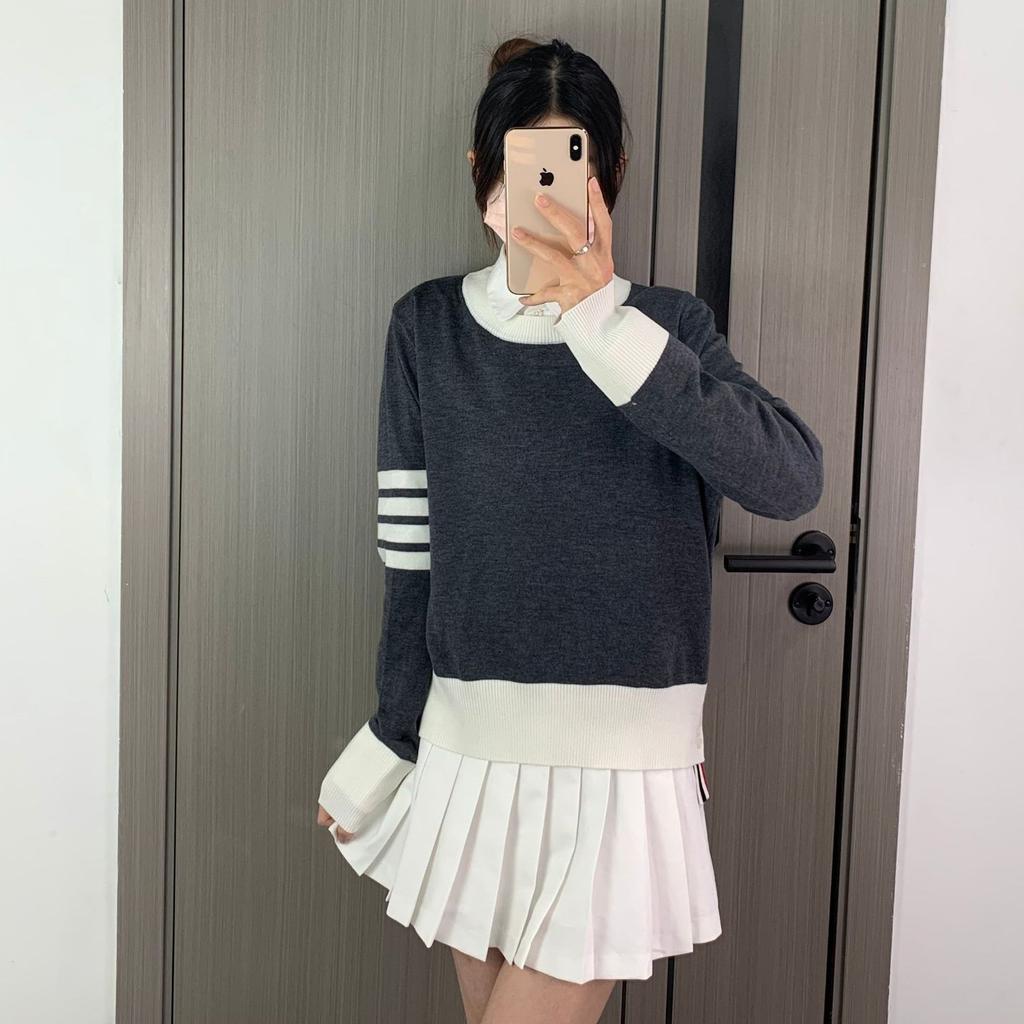 New TB Knitted Sweater Spring and Autumn Four-bar Striped Knitted Pullover Round Neck Long Sleeve Women's Round Neck Pullover Sweater