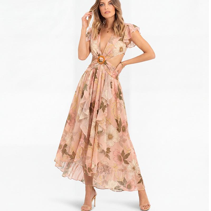 Boho Style Elegant Floral Print Long Dress Woman Summer V Neck High Waist Party Dress Summer Short Sleeve Sexy Maxi Dress
