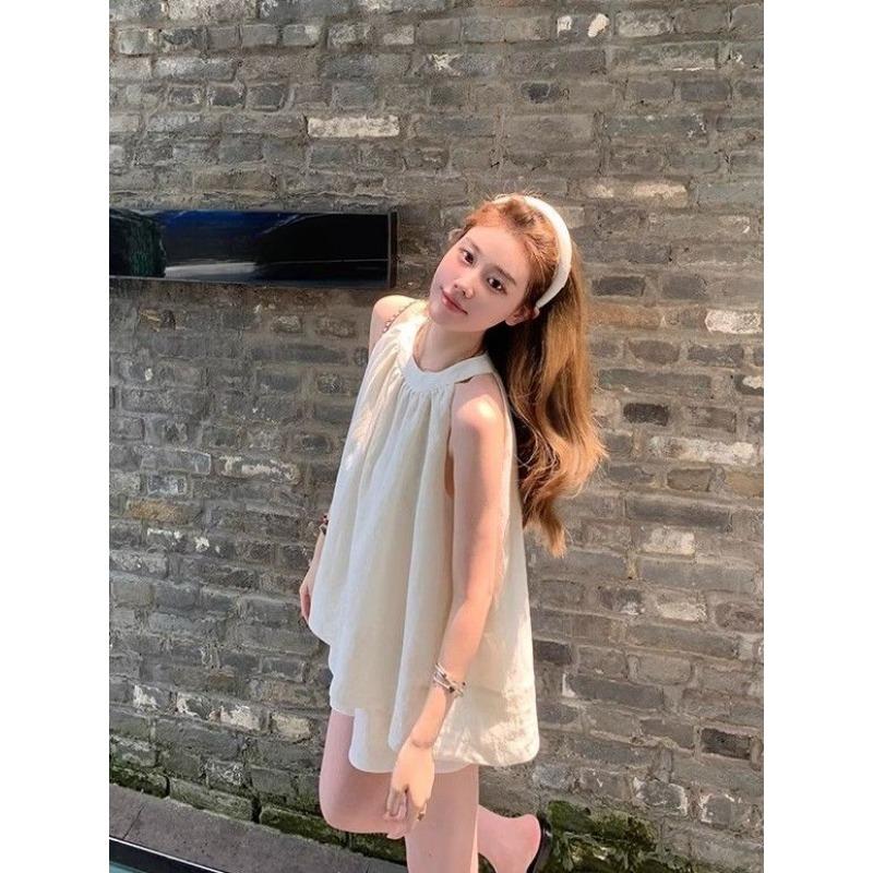 Summer Casual Sleeveless Off Shoulder Tie Front Crop Top and Shorts Two Piece Set Cover Tummy