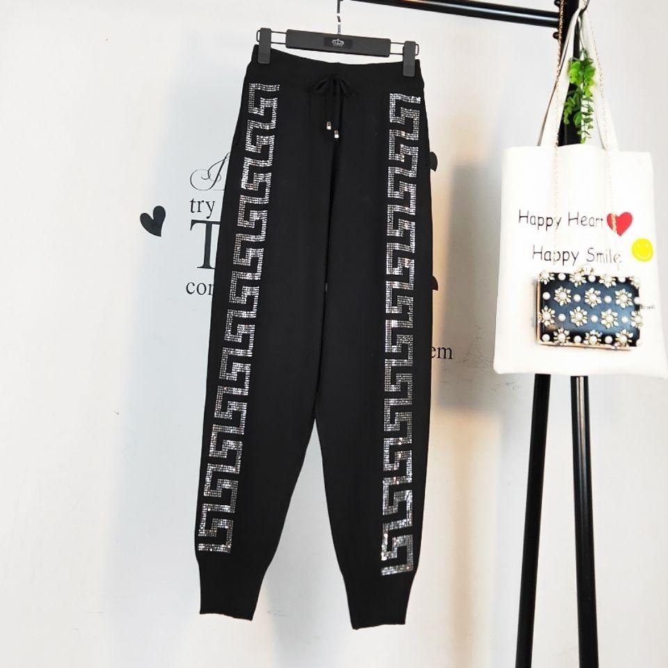 Women's High-Waist Knit Pants Rhinestone Loose Knit Harem Pants Casual Knit Sweatpants Fall/Winter