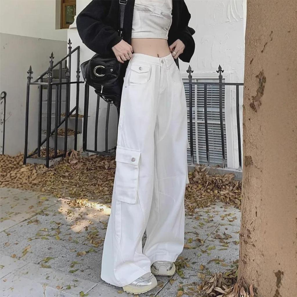 Damen 2025 High-Waist White Pocket Wide-Leg Jeans – Frühling/Herbst Trend
