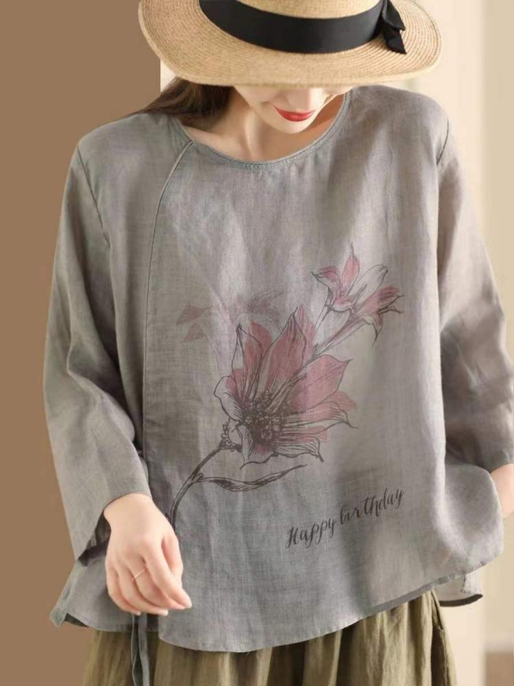 Vintage Floral Print Bandage Tops Women Blouses Chinese Style Seven Sleeve Spring Loose Shirts