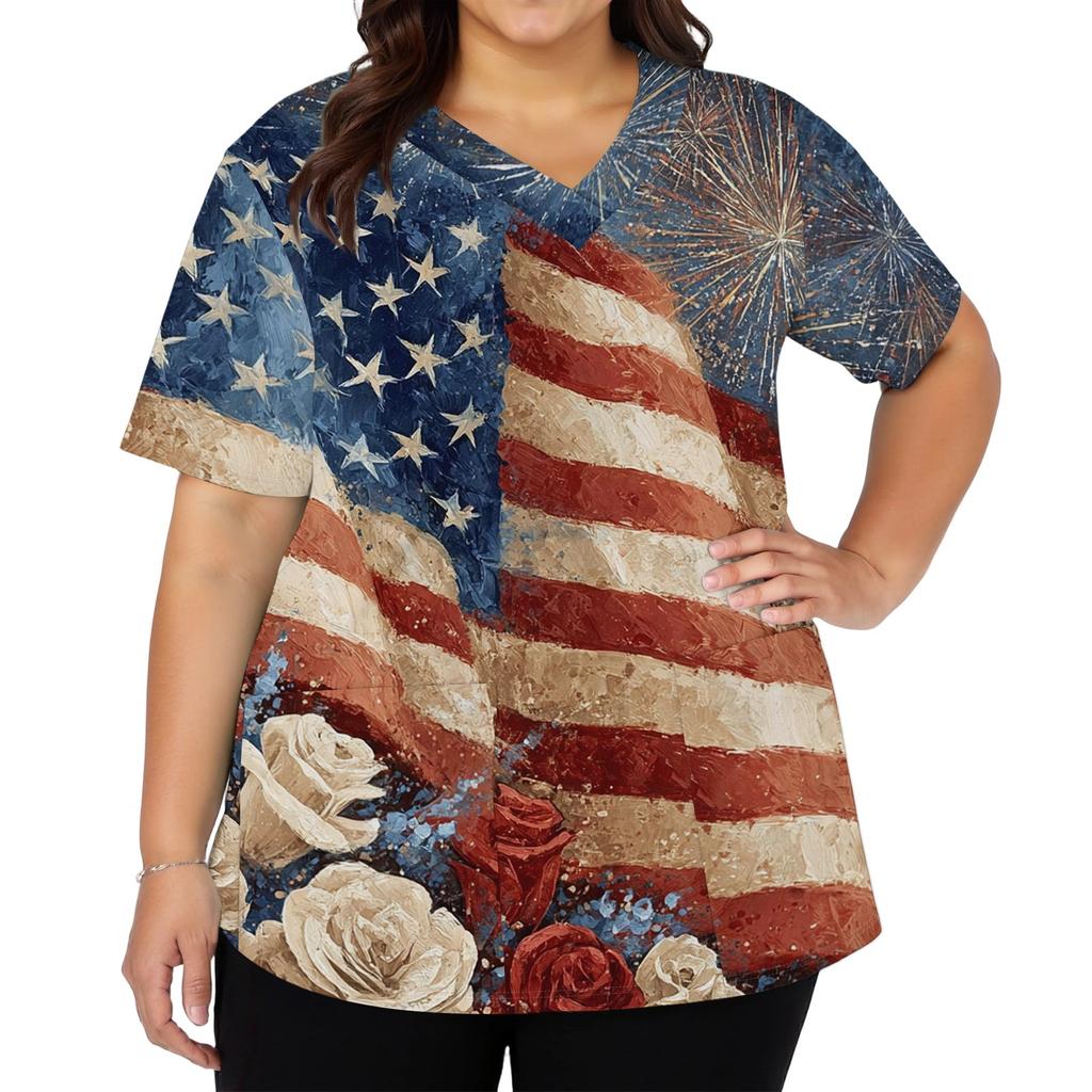 Women's Fashionable Casual Independence Day American Flag And Stars Print V-neck Short-Sleeved Work Shirt With Double Side Slits And Pockets