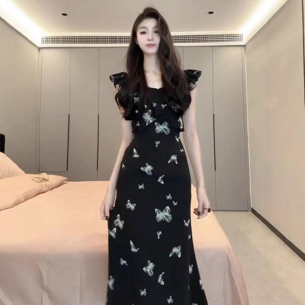 Design Sense French Retro Small Flying Sleeve Butterfly Dress Women's New Summer Niche Korean Black Long Dress
