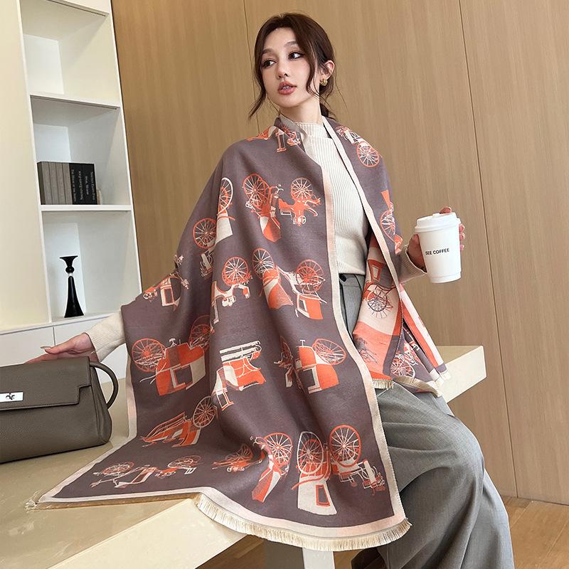 Elegant and Luxurious Windmill Horse Fleeting Imitation Cashmere Scarf for Women Plus Velvet To Keep Warm and Windproof Versatile Scarf