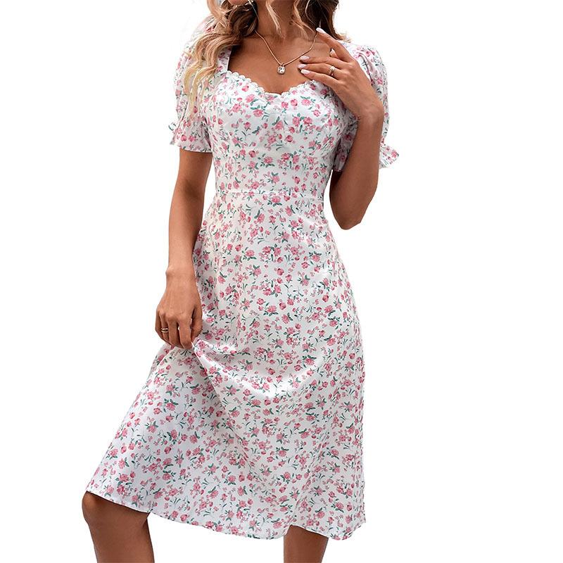 Summer Women's Dress Sweet Slim Temperament Ruffle Sleeve Printed Dresses
