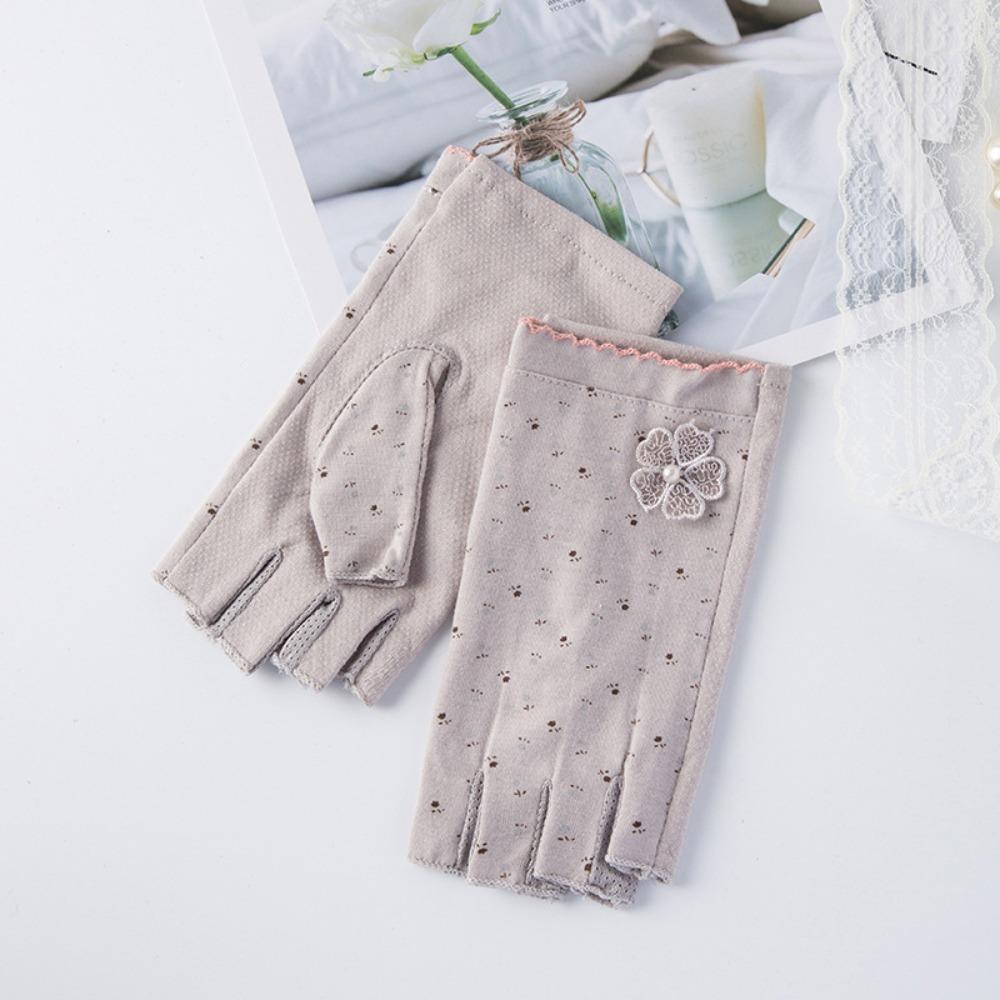 

Lightweight Cycling Gloves Cotton Driving Gloves Fashion Women Half-finger Gloves Outdoor Sports Flower-Grey