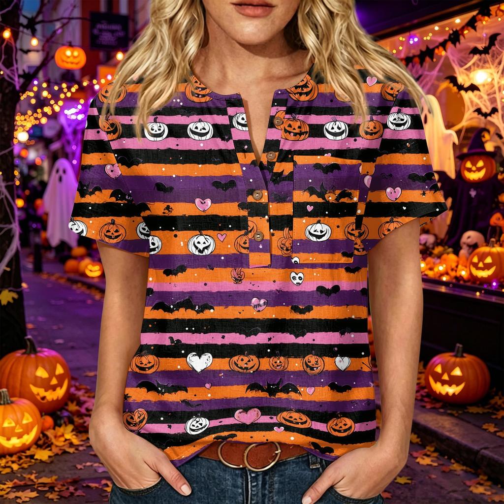 Women's Casual Halloween Print V Neck Short Sleeve Buttoned Three Quarter Sleeve T Shirt Top Lightweight Comfortable Fabric