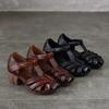 Johnature Genuine Leather Retro Round Toe Middle Heel Sandals Versatile Comfortable Thick Heel Women's Shoes
