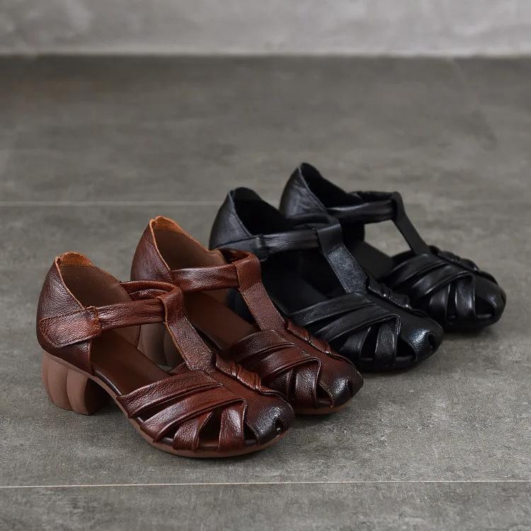 Johnature Genuine Leather Retro Round Toe Middle Heel Sandals Versatile Comfortable Thick Heel Women's Shoes