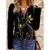 Spring and Autumn Women's Gorgeous Black and Gold Cat Print Zipper Top - Long Sleeve V-neck Design