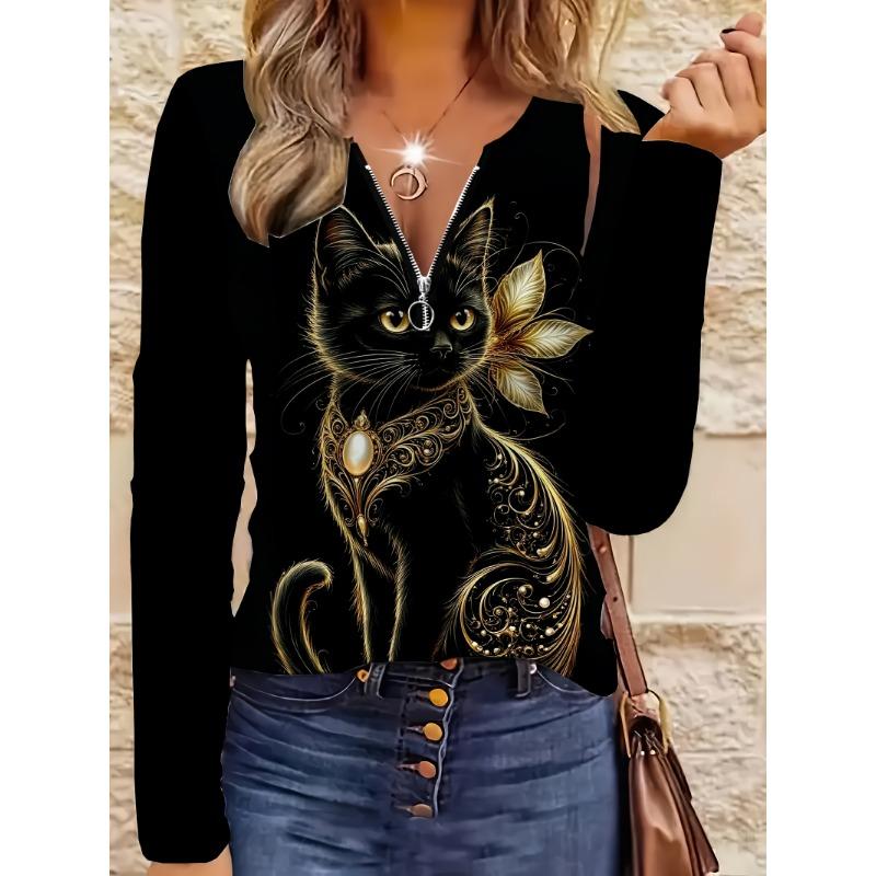 New Spring and Autumn Women's Gorgeous Black and Gold Cat Print Zipper Top, Fashionable and Individual, Perfect for Daily Wear