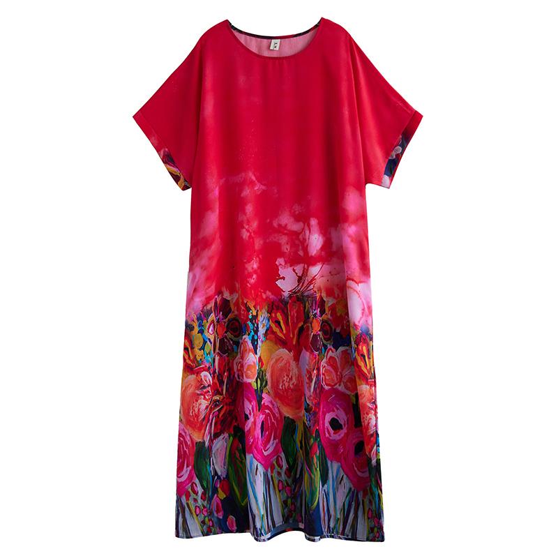 DIMANAF 2025 Summer Women Plus Size Loose Long Dress Beach Basic Casual Dress Vintage Floral Printing Holiday Dress