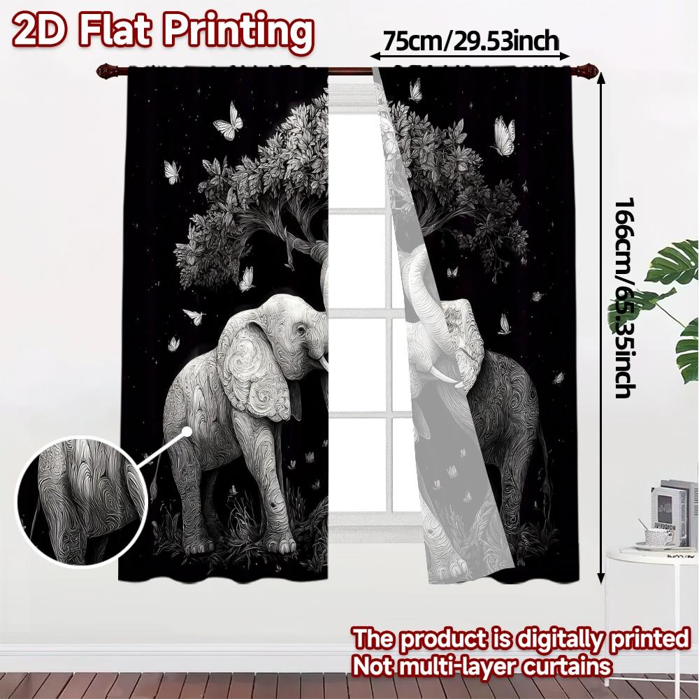 Flat Printing Curtains Without Rod Elephant Yin Yang Modern Polyester Easy Install Curtain Set Of 2 Contemporary Made Washable