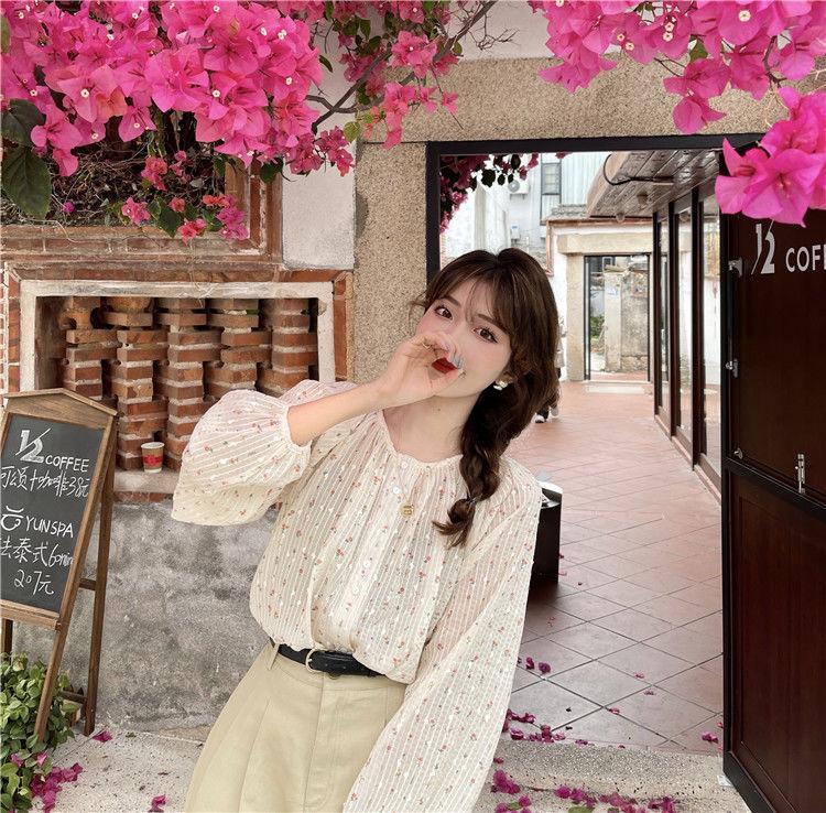 Long Sleeve Floral Chiffon Top Women's Designer Spring Summer Stylish Lantern Sleeve Loose Blouse