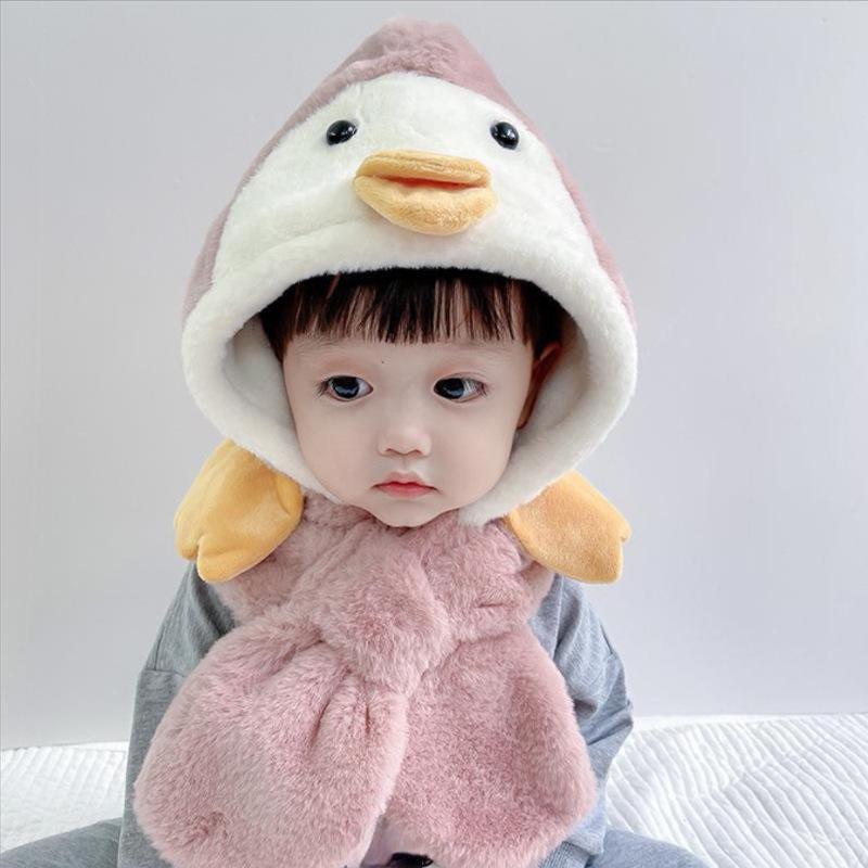 2-in-1 Kids Duck Hat Scarf Set - Warm Windproof Plush Hooded Scarf Hat, Cute Animal Winter Hat Scarf for Toddlers Boys Girls розовый