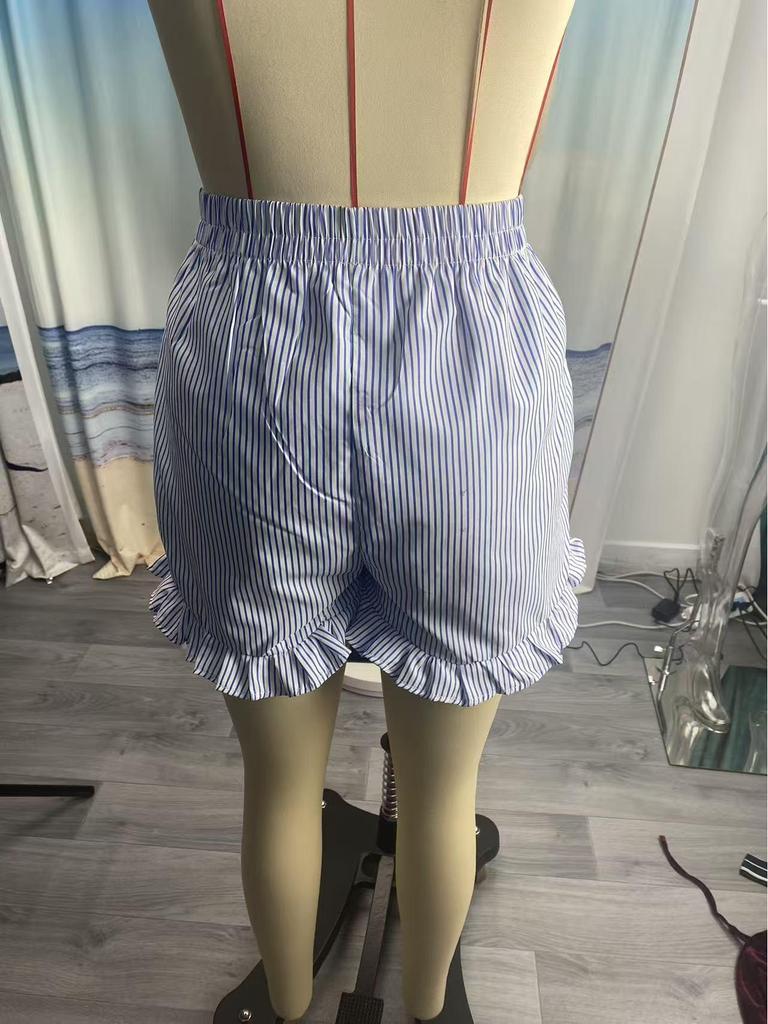 Women's Y2K Ruffle Striped Casual Shorts with Pockets - Spring/Summer Pajama Beachwear