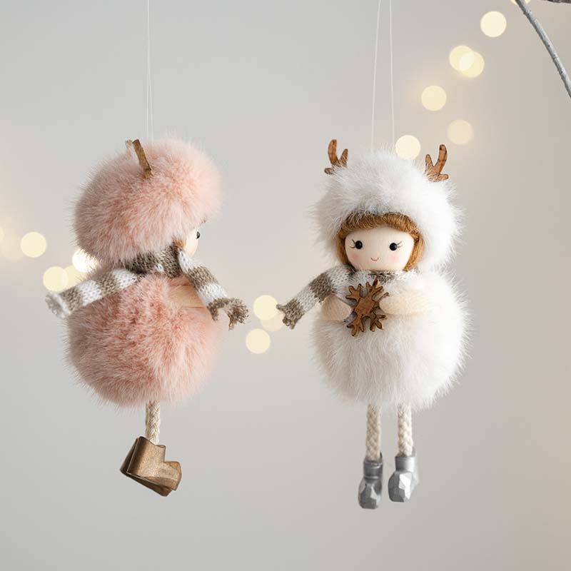 WTEMPO Charming Angel Round-Bellied Deer Antler Doll Hanging Pendents White Pink Christmas Ornaments Easy-Hang for Christmas Tree & Festive Party