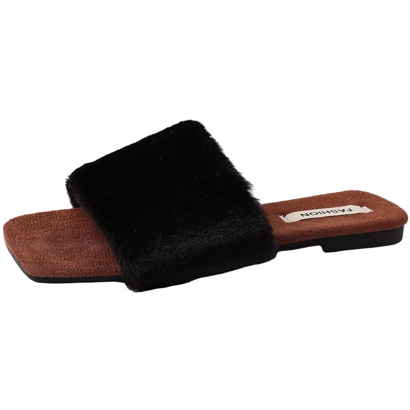Retro temperament casual cotton drag square head girls fluffy slippers autumn and winter fashion comfortable one-word cotton slippers