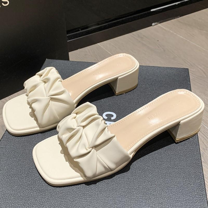 Fashion Womens Plus Size Square Toe Crinkle Strappy Slides Korean Summer 2025 Slip-On Sandals Comfortable Outdoor Casual Lazy Slippers