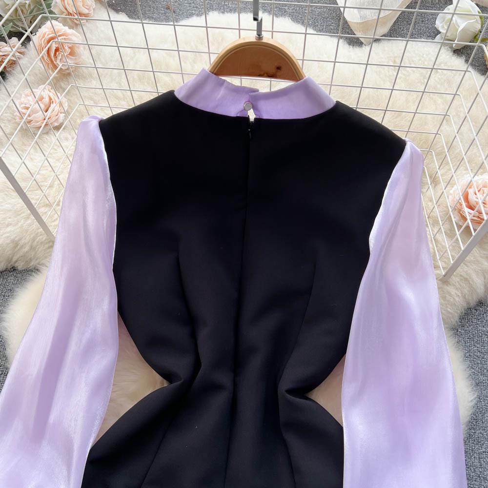 Vår Høst Kjendis Vintage Cheongsam Blyantkjole Dame Ny mote Langermet Mesh Patchwork Elegante Perlebue Festkjoler