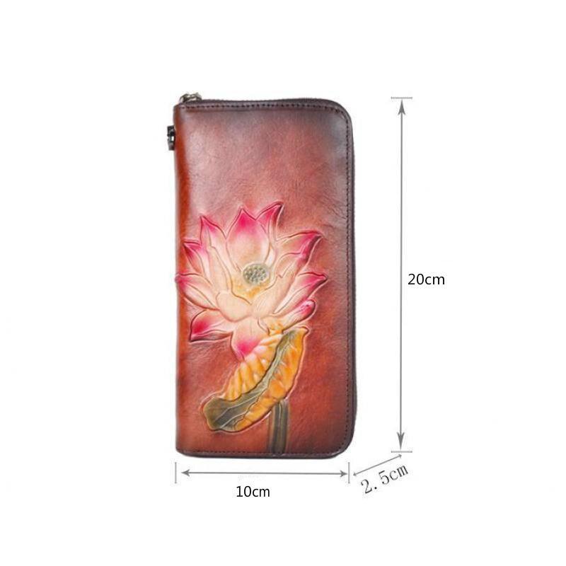 Johnature Portofel cu relief de mână femei retro, floral, portofel din piele naturală, suport pentru carduri, posetă pentru telefon din piele de vacă.