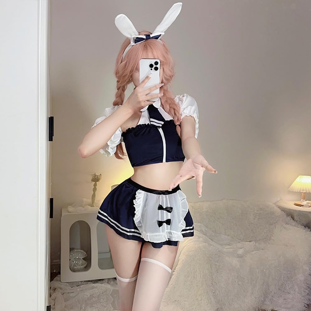 Bunny Girl Maid Clothes Apron School Swimsuit Blue Open Chest Sexy Cosplay Reverse Bunny Open Back Extremely Sexy Erotic Baby Doll Cute Headband