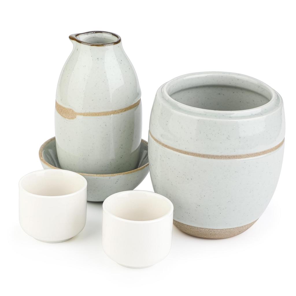 Sake and Hot Sake Set - Ceramic 5-Piece Set: 1 X 150ml Sake Carafe, 2 X 30ml Sake Cups, 1 X 350ml Sake Carafe, 1 X Sake Warmer, 1 X 70ml Lid. The Cara