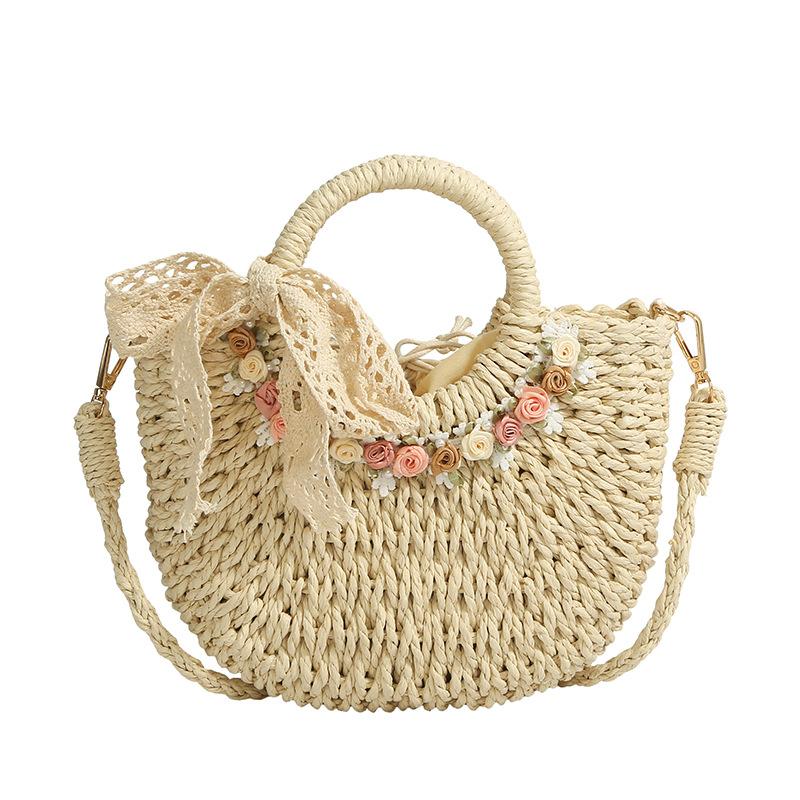 Fresh and Light Floral Woven Bag, Beach Vacation Bag, Beachside Single Shoulder Bag, Handbag, Grocery Basket Bag Casually