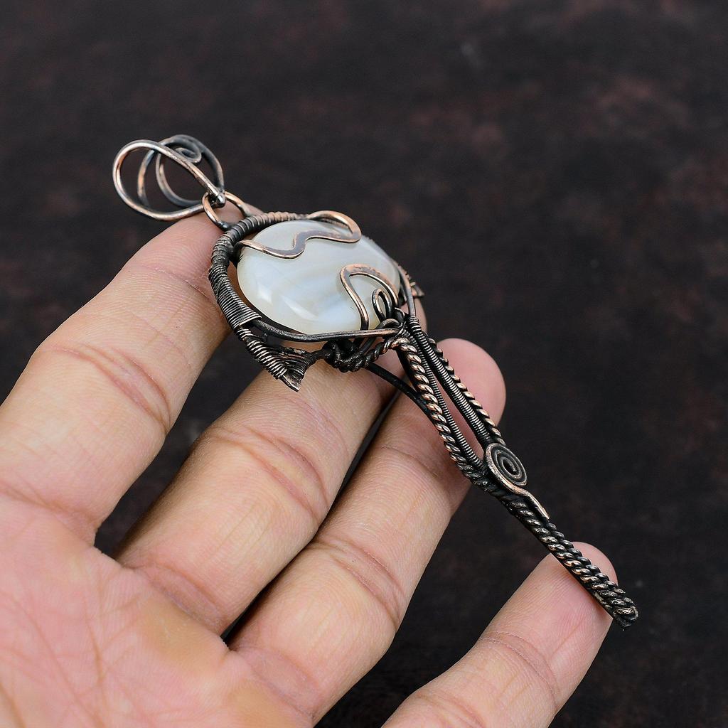 Botswana Agate Pendant Copper Wire Wrapped Gemstone Jewelry Handmade Latest Design Pendant Copper Wire Wrap Pendant Anniversary Gift For Mom