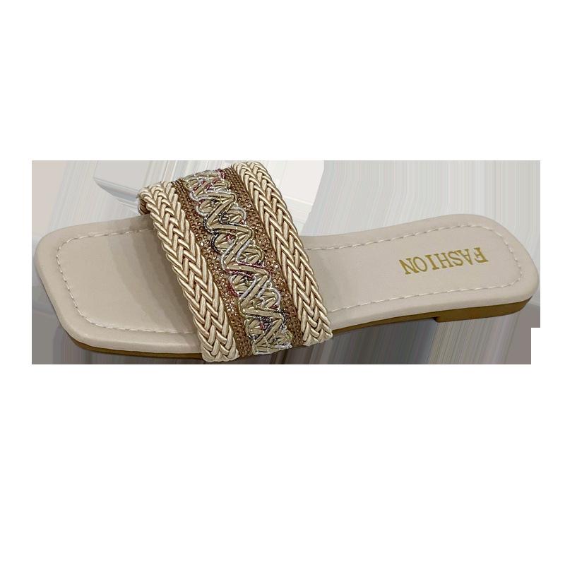 Ethnic Style Fisherman Cool Slippers Women's Summer Wear 41-43 Large Size Straw Woven Sweat-absorbing Flat Bottom Casual One-word Slippers