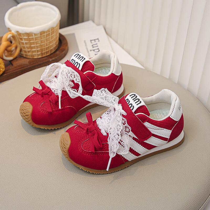 2025 Autumn New Children's Casual Shoes Korean Version Bow Lace Strap Single Mesh Breathable Girls Forrest Gump Shoes