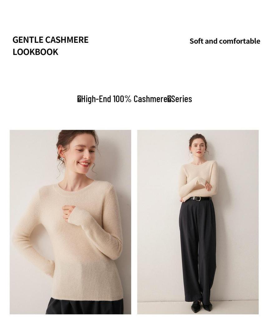 Autumn/Winter Women's Striped 100% Cashmere Round Neck Slim Knit Sweater